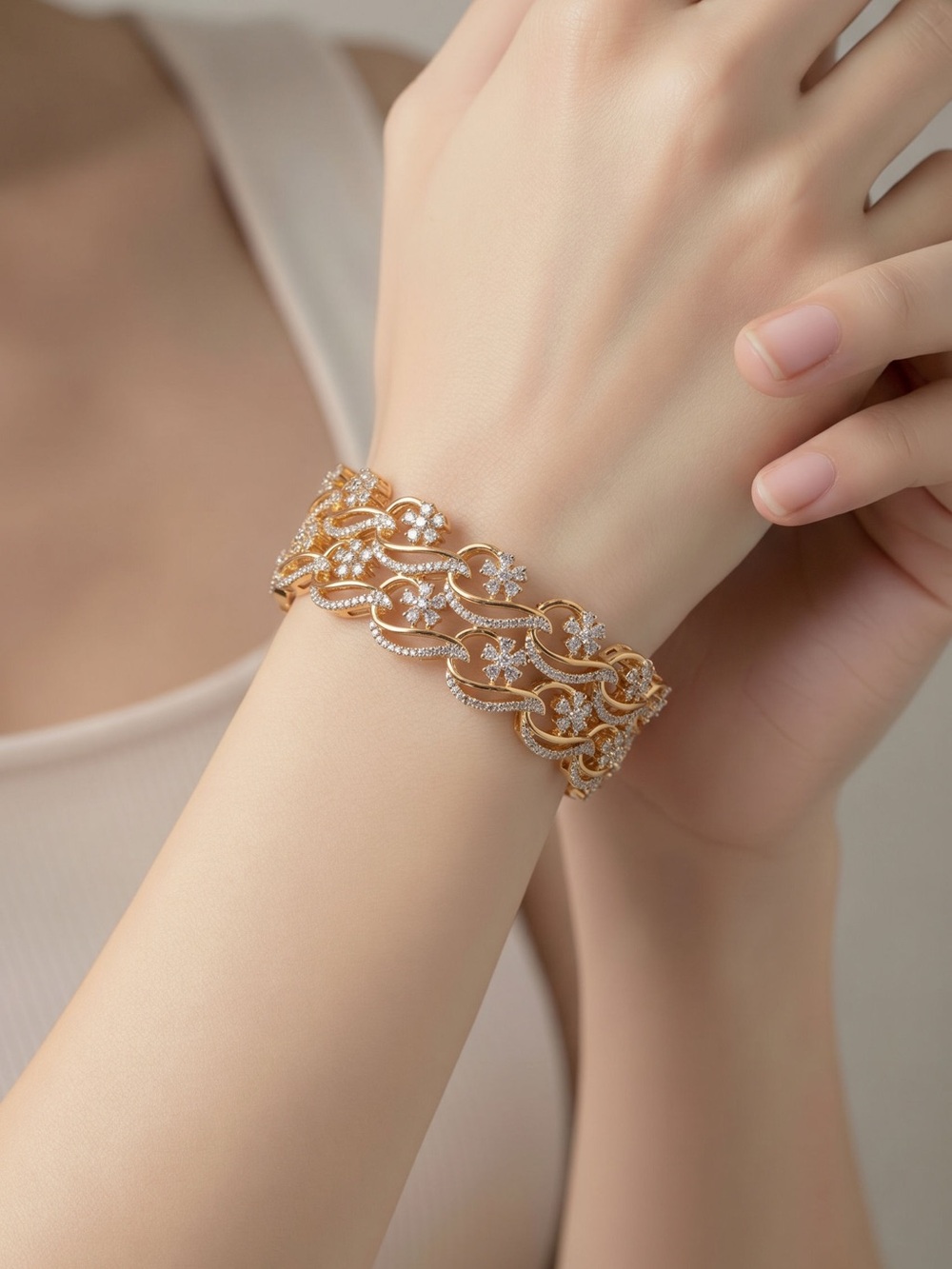 Elegant Gold Floral Link pair of bangles with Crystal Accents